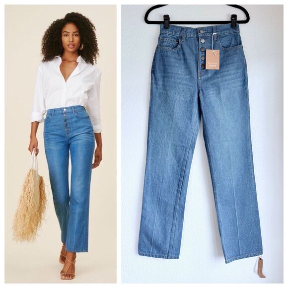 NWT Reformation Cynthia Button Fly High Rise Straight Jeans in Zenia Medium Blue - Picture 1 of 13